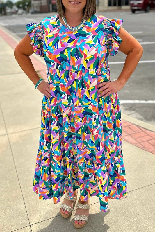 Blue Abstract Print Ruffle Sleeve Plus Size Tiered Maxi Dress - Shello's Creative Boutique