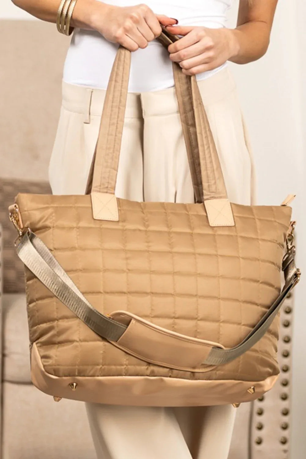 Camel Quilted Patchwork Large Tote Bag and Clutch 2pcs Set - Shello's Creative Boutique