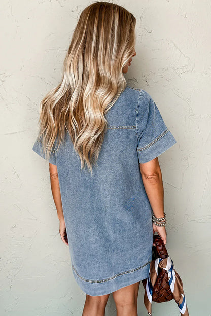Denim Mini Dress - Women's Short Sleeve Collared Shirt Dress - Shello's Creative Boutique