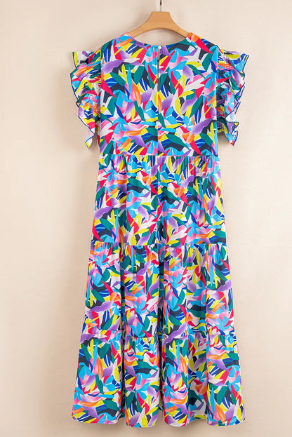 Blue Abstract Print Ruffle Sleeve Plus Size Tiered Maxi Dress - Shello's Creative Boutique