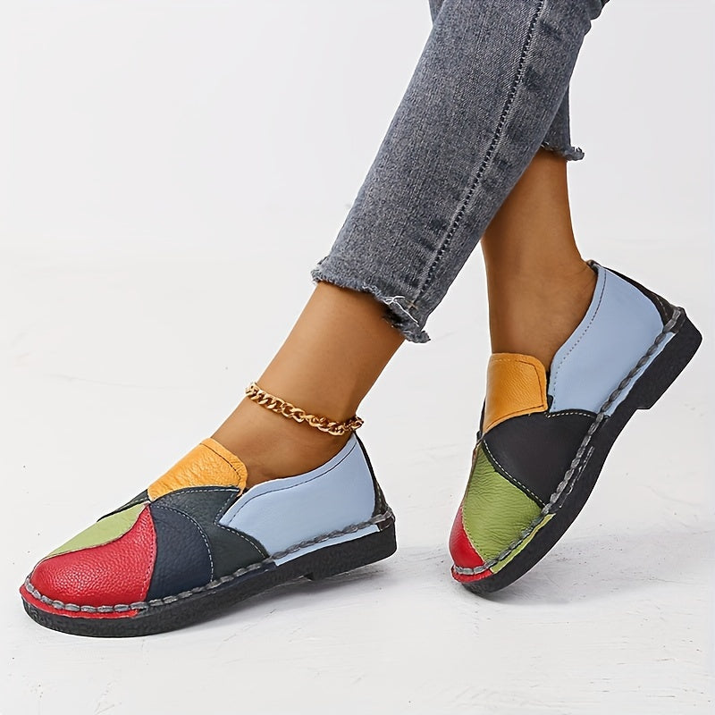 Women's Colorblock Flat Loafers, Fashion Round Toe Soft Sole Slip On Faux Leather Shoes, Casual Walking Anti-skid Shoes Shello's Creative Boutique