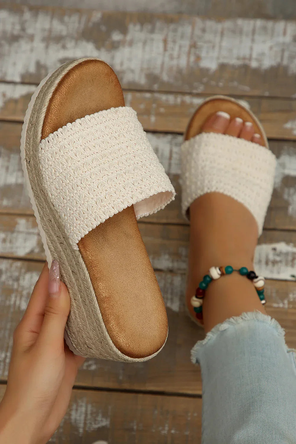Shewin White Boho Woven One Band Wedge Slippers – Women’s Summer Platform Sandals - Shello's Creative Boutique