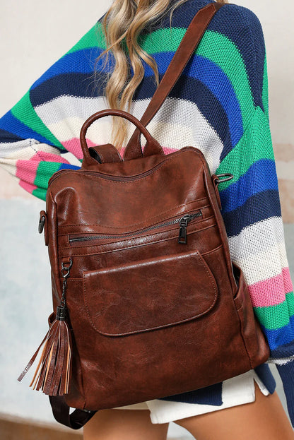 Dark Brown Tassel Retro PU Large Capacity Backpack – Vintage Chic - Shello's Creative Boutique