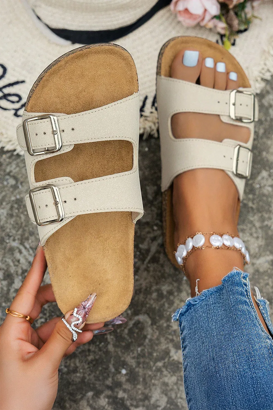 White Vintage Double Buckle Comfortable Slippers - Shello's Creative Boutique