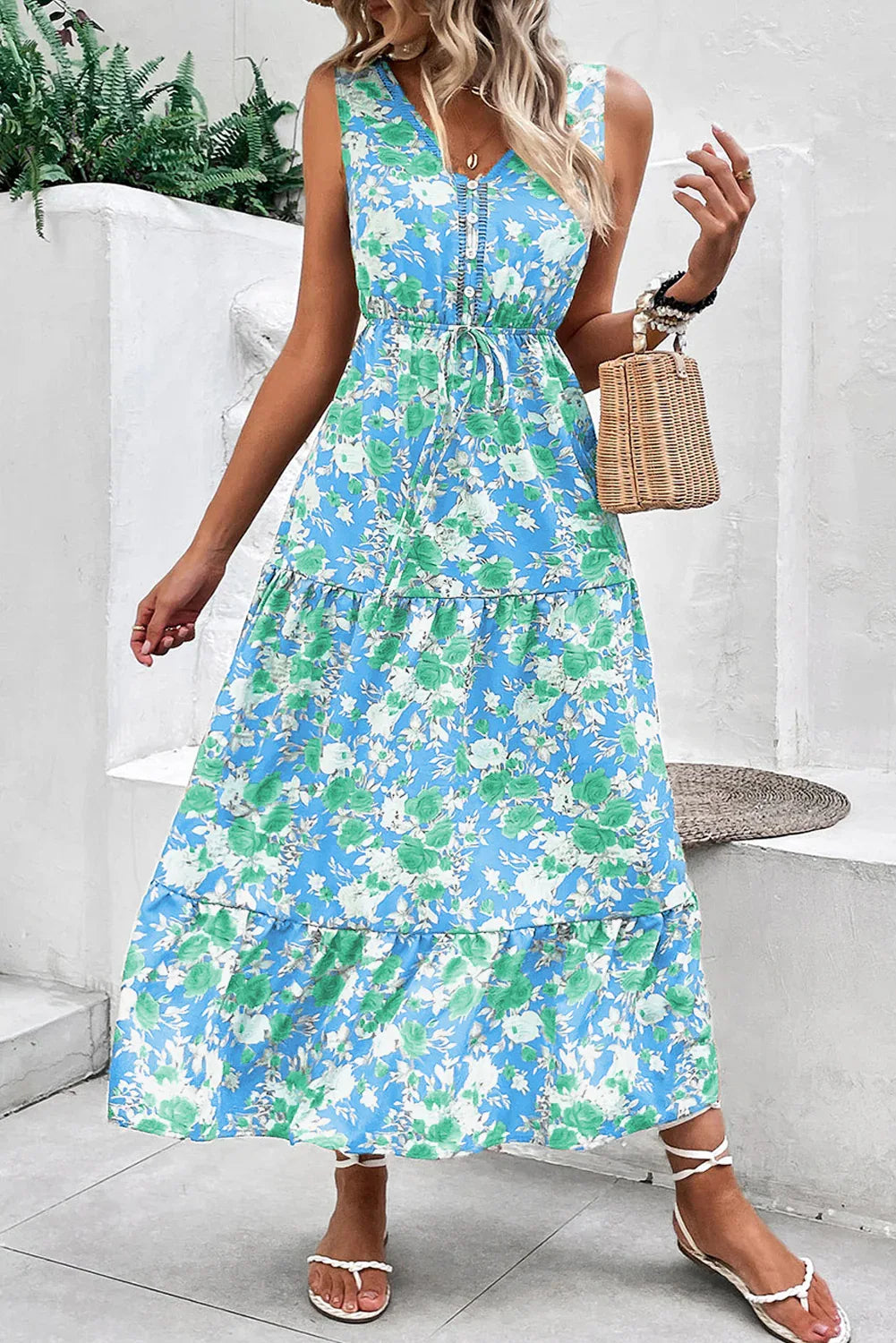 Sky Blue Floral Print Trimmed V Neck Sleeveless Vacation Dress - Shello's Creative Boutique