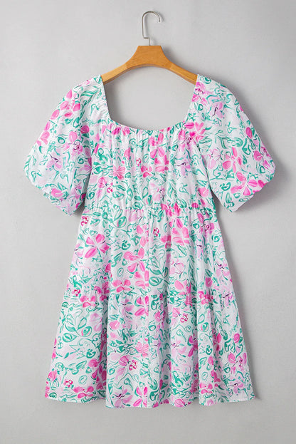 White Floral Print Ric-Rac Trim Square Neck Plus Size Mini Dress - Whimsical Elegance for Every Occasion! - Shello's Creative Boutique