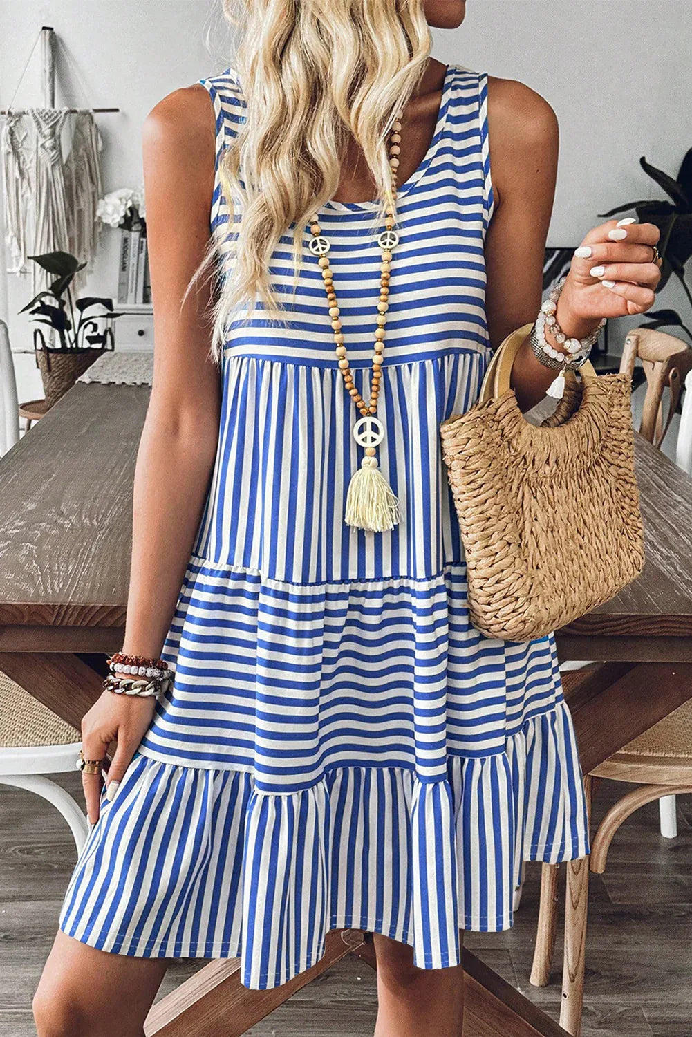 Rose Stripe U Neck Sleeveless Loose Fit Mini Dress - Shello's Creative Boutique