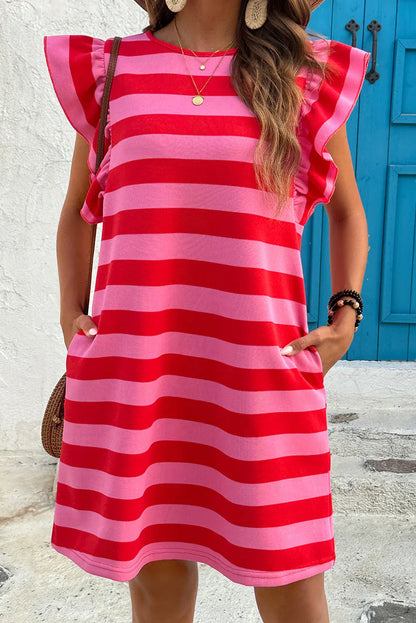 Green Stripe Flutter Sleeve Round Neck Shift Mini Dress - Shello's Creative Boutique