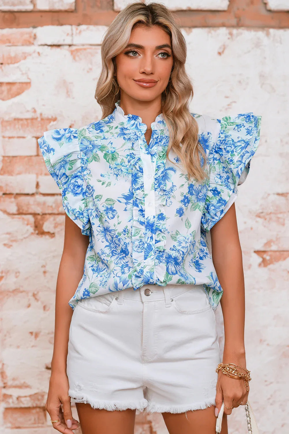 Green Floral Print Ruffle Sleeve Frill Shirt - Shello's Creative Boutique