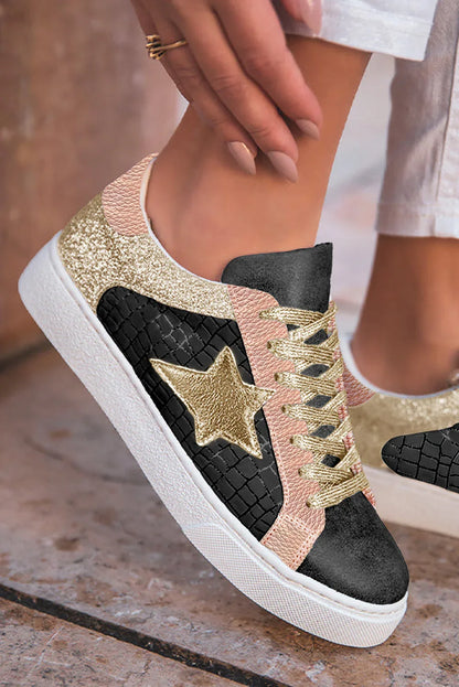 Silver Glitter Star Sneakers - PU Leather Patchwork Trainers - Shello's Creative Boutique