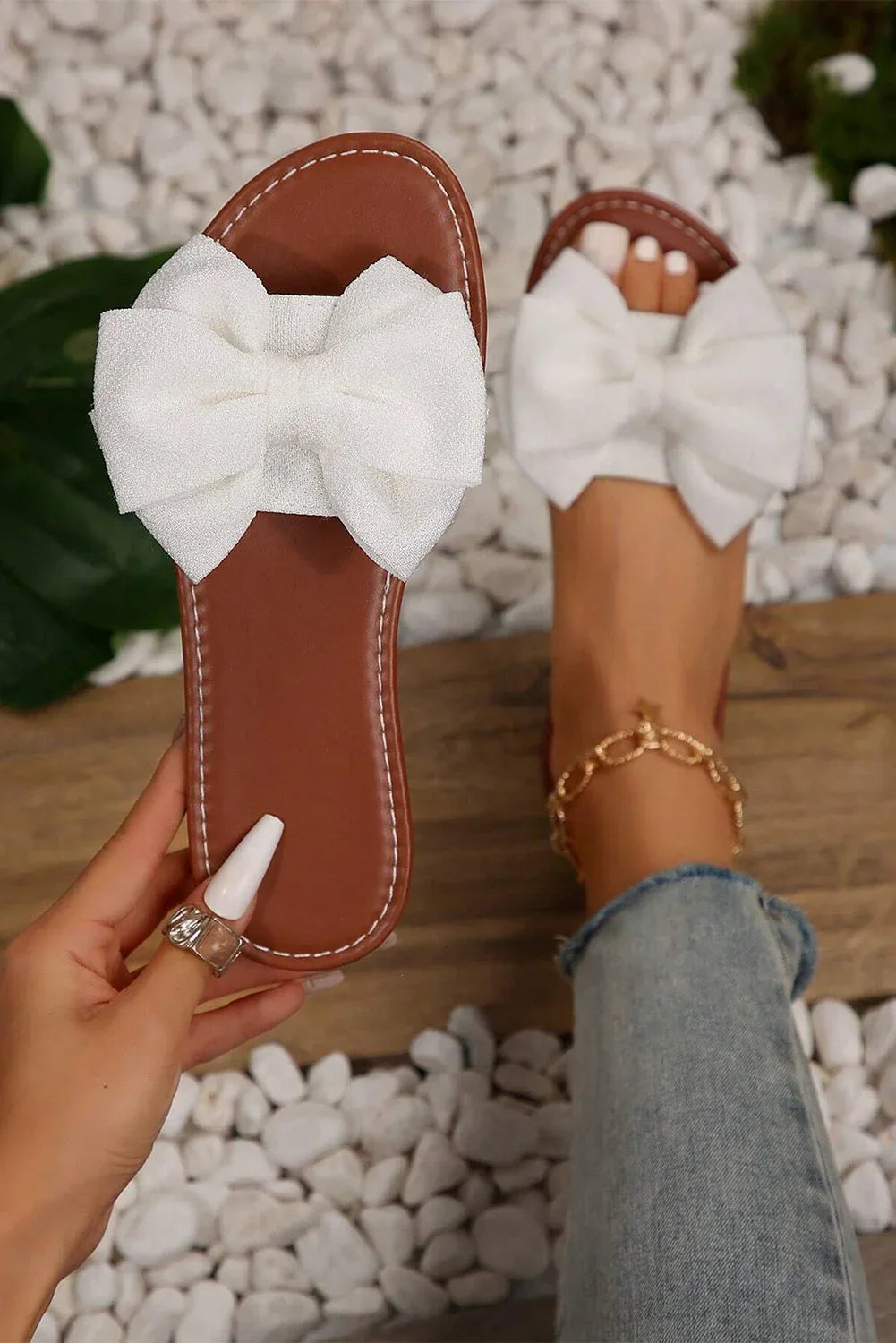 White Bow Decor Flat Slippers - Shello's Creative Boutique