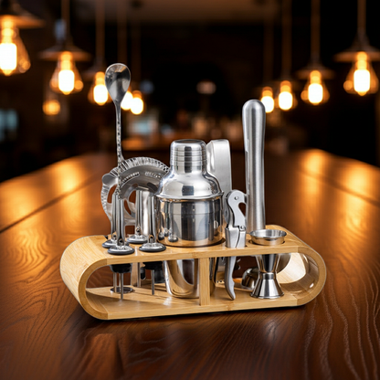 12 In 1 Stainless Steel Bartender Set With Oval Wooden Frame Base Bar Bartending Tools, 350ml, 550ml, 700ml, 750ml - Shello's Creative Boutique