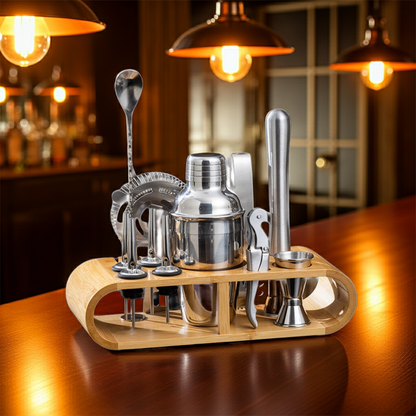12 In 1 Stainless Steel Bartender Set With Oval Wooden Frame Base Bar Bartending Tools, 350ml, 550ml, 700ml, 750ml - Shello's Creative Boutique