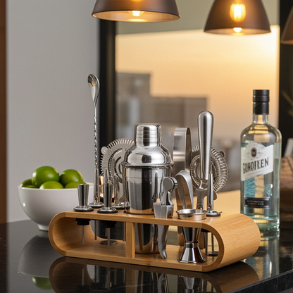 12 In 1 Stainless Steel Bartender Set With Oval Wooden Frame Base Bar Bartending Tools, 350ml, 550ml, 700ml, 750ml - Shello's Creative Boutique