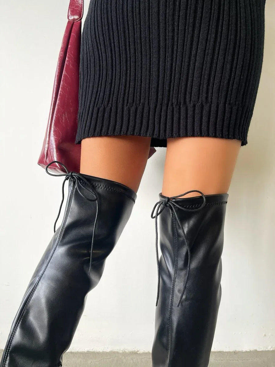 Tie Detail Low Heel Knee High Boots - Shello's Creative Boutique