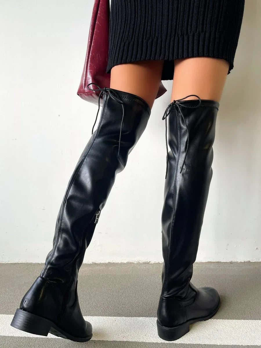 Tie Detail Low Heel Knee High Boots - Shello's Creative Boutique