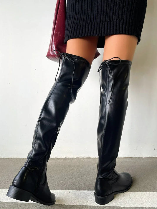 Tie Detail Low Heel Knee High Boots - Shello's Creative Boutique