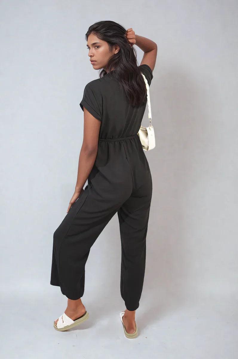 Belted V Neck Jumpsuit with Side Pockets - Shello's Creative Boutique