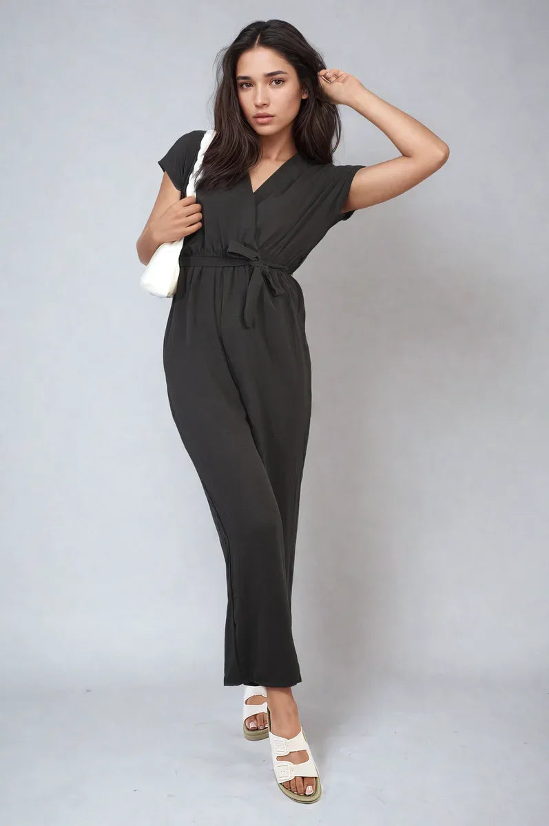 Belted V Neck Jumpsuit with Side Pockets - Shello's Creative Boutique