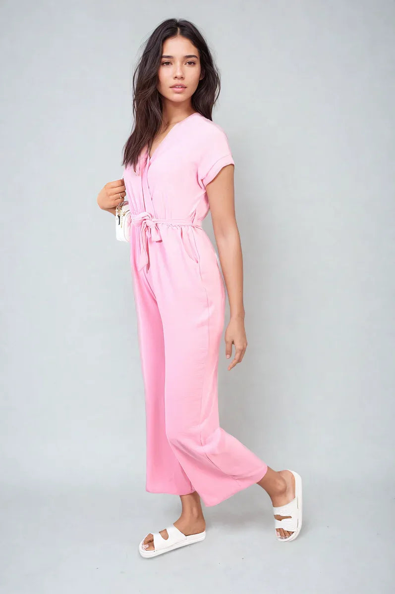 Belted V Neck Jumpsuit with Side Pockets - Shello's Creative Boutique