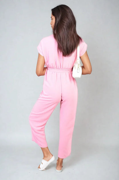 Belted V Neck Jumpsuit with Side Pockets - Shello's Creative Boutique