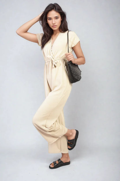 Belted V Neck Jumpsuit with Side Pockets - Shello's Creative Boutique