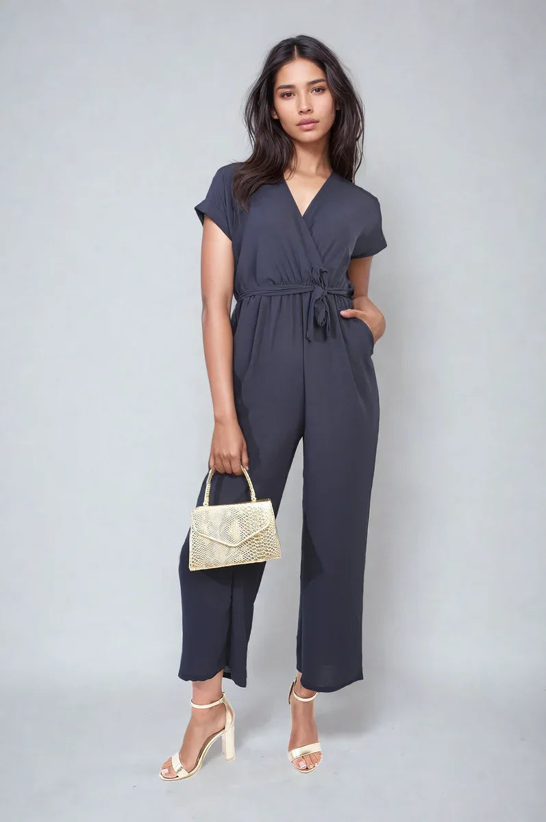 Belted V Neck Jumpsuit with Side Pockets - Shello's Creative Boutique
