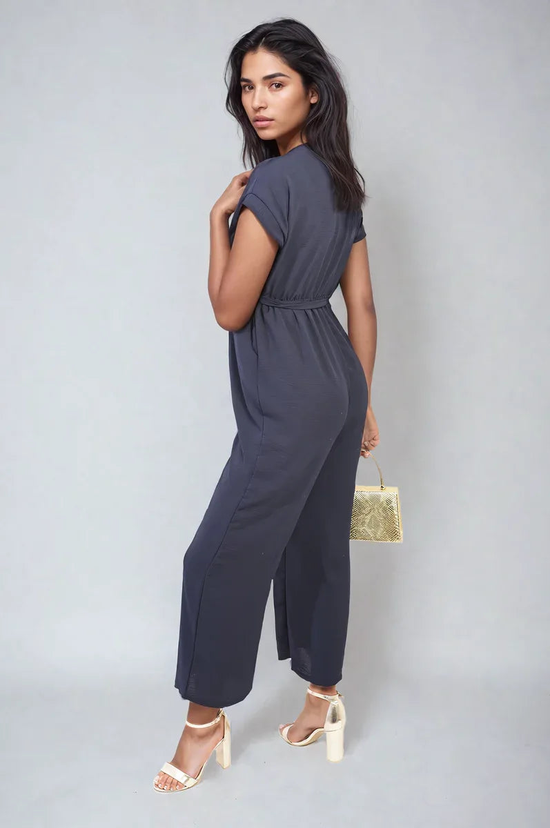 Belted V Neck Jumpsuit with Side Pockets - Shello's Creative Boutique