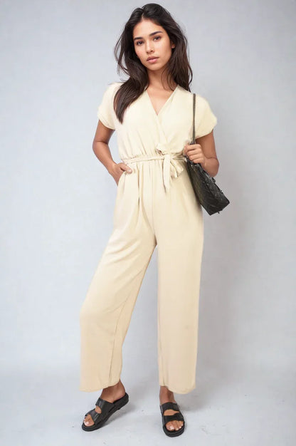 Belted V Neck Jumpsuit with Side Pockets - Shello's Creative Boutique