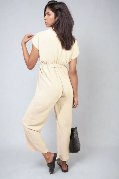 Belted V Neck Jumpsuit with Side Pockets - Shello's Creative Boutique