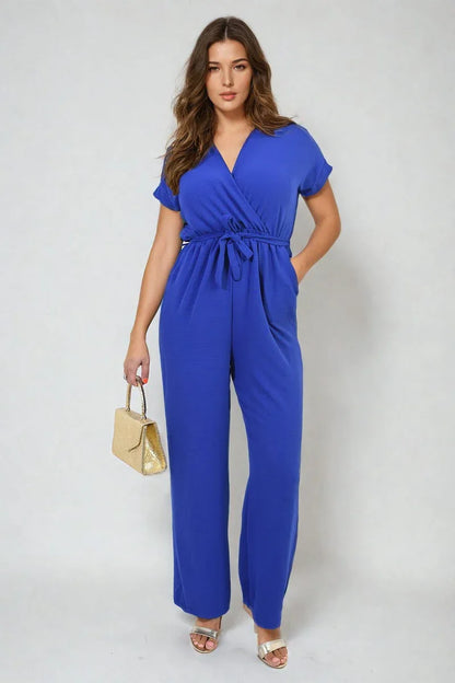 Belted V Neck Jumpsuit with Side Pockets - Shello's Creative Boutique