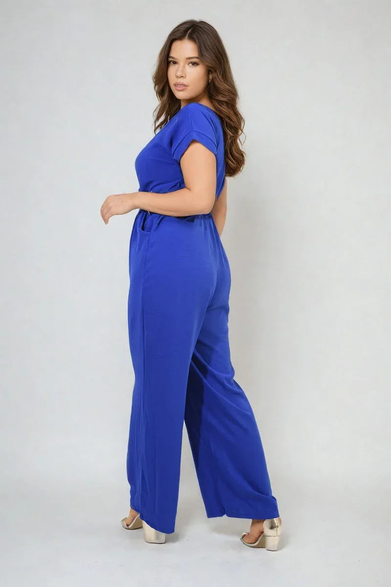 Belted V Neck Jumpsuit with Side Pockets - Shello's Creative Boutique