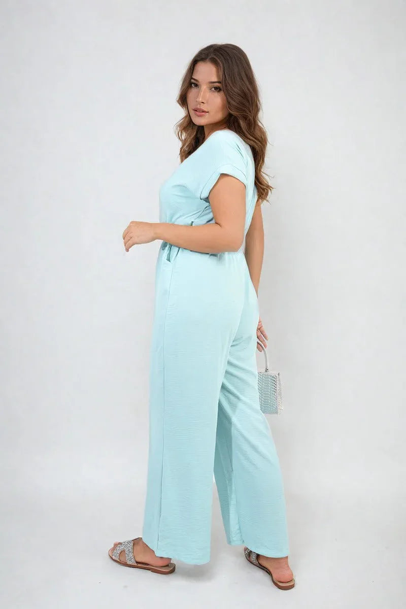 Belted V Neck Jumpsuit with Side Pockets - Shello's Creative Boutique