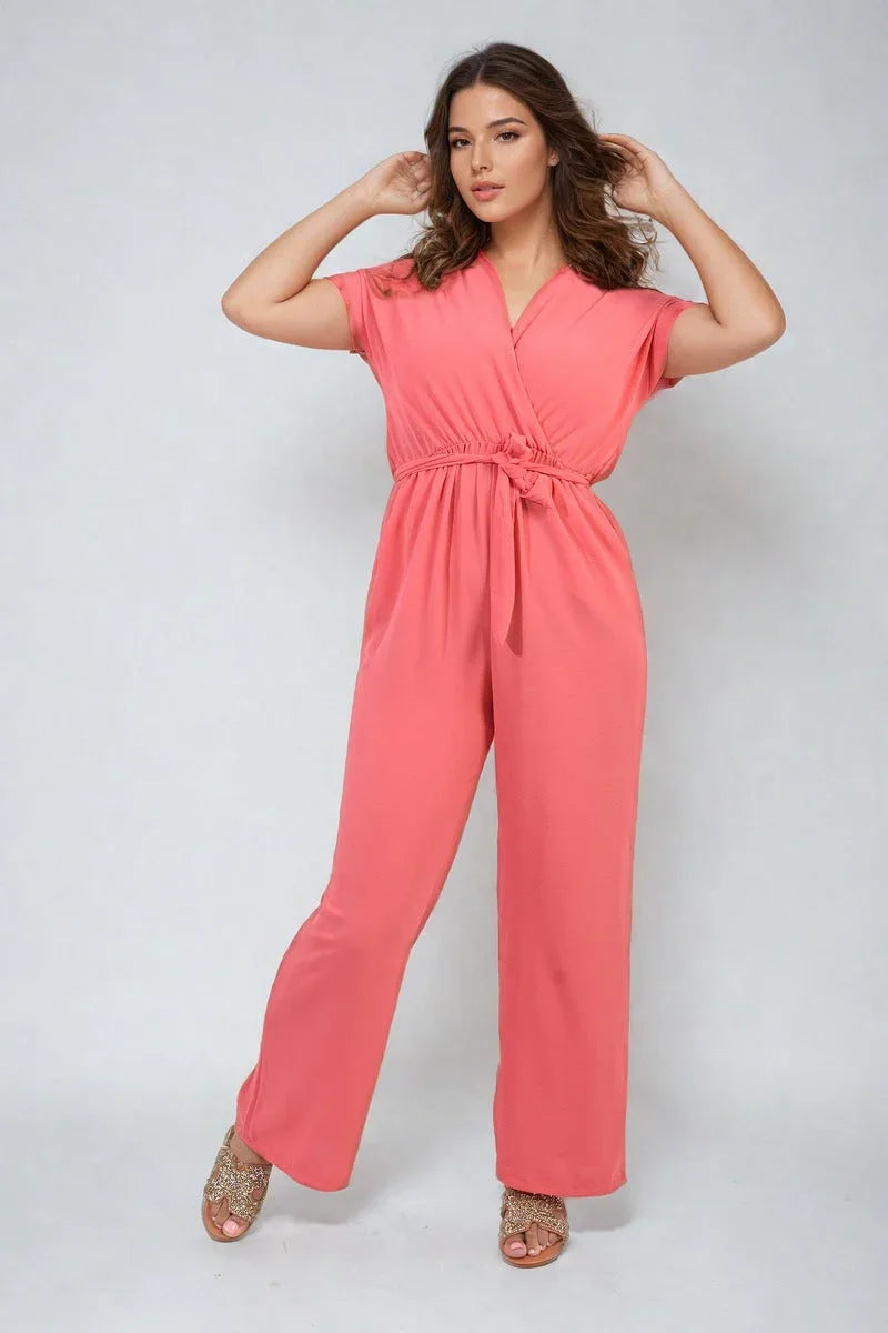 Belted V Neck Jumpsuit with Side Pockets - Shello's Creative Boutique