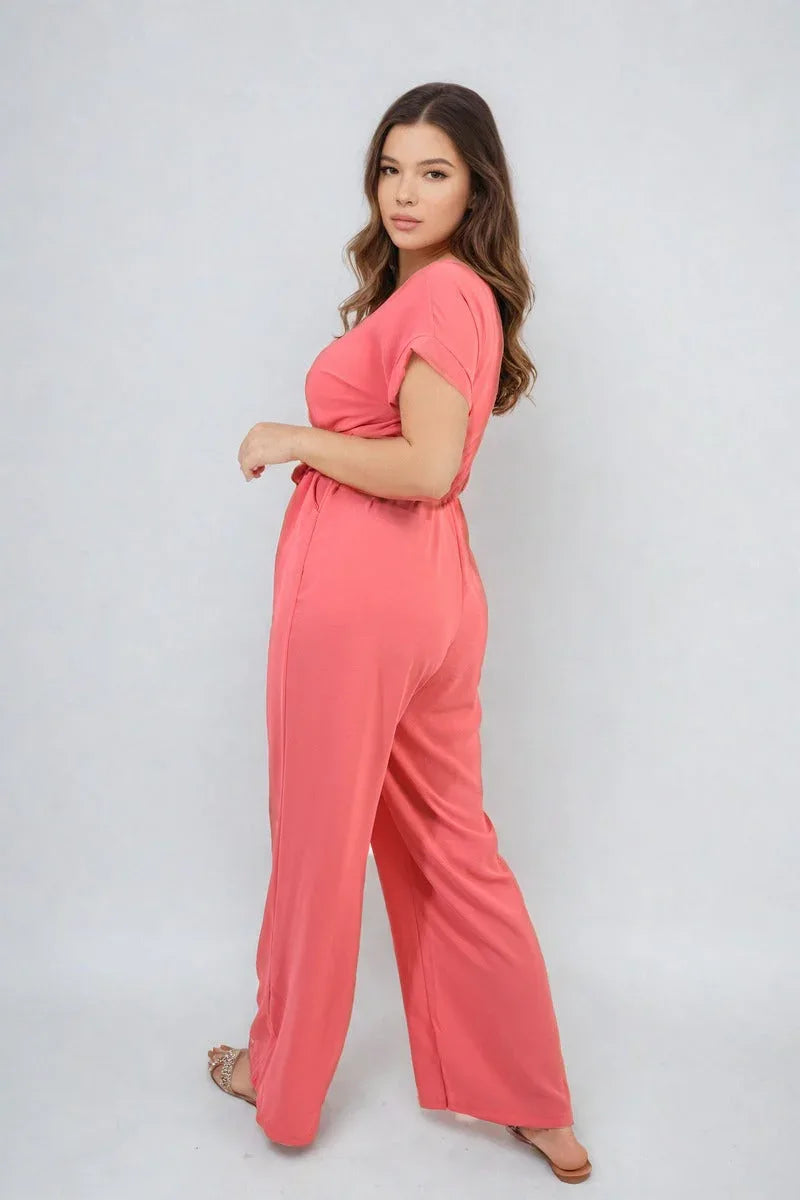 Belted V Neck Jumpsuit with Side Pockets - Shello's Creative Boutique
