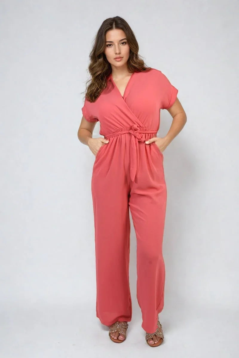 Belted V Neck Jumpsuit with Side Pockets - Shello's Creative Boutique