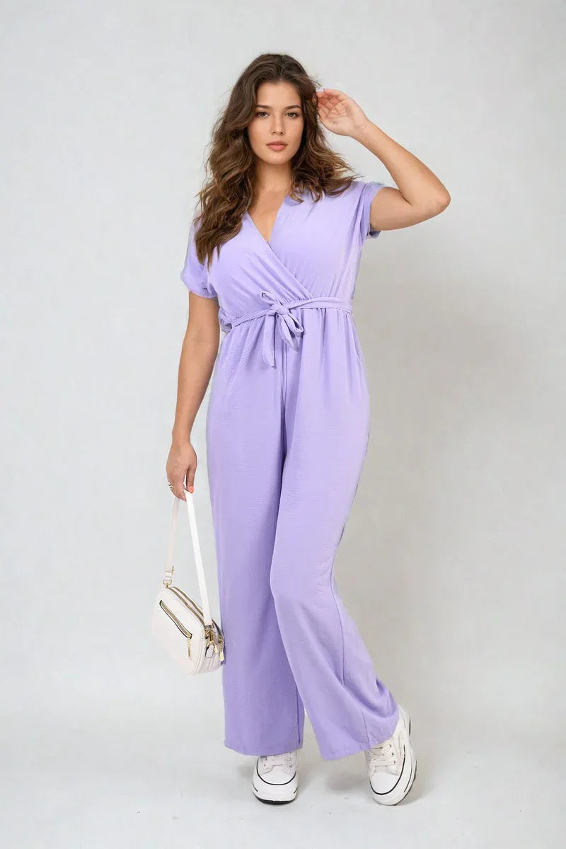 Belted V Neck Jumpsuit with Side Pockets - Shello's Creative Boutique