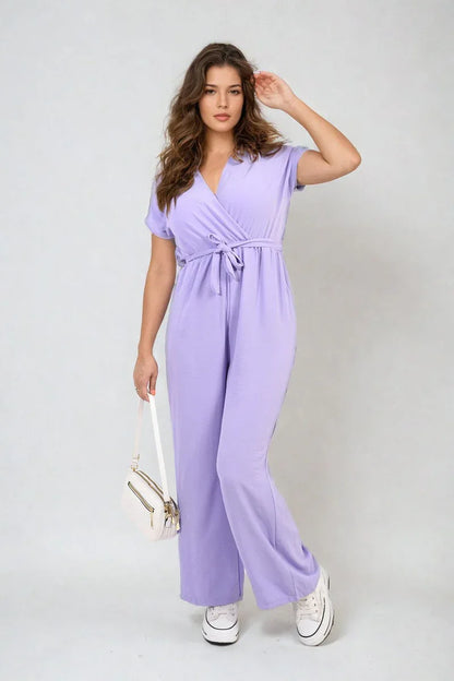 Belted V Neck Jumpsuit with Side Pockets - Shello's Creative Boutique