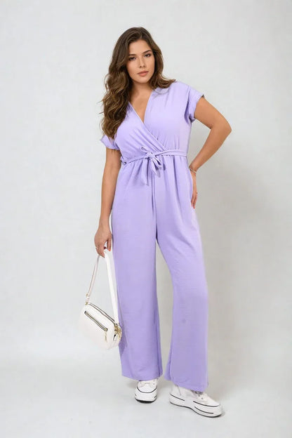 Belted V Neck Jumpsuit with Side Pockets - Shello's Creative Boutique