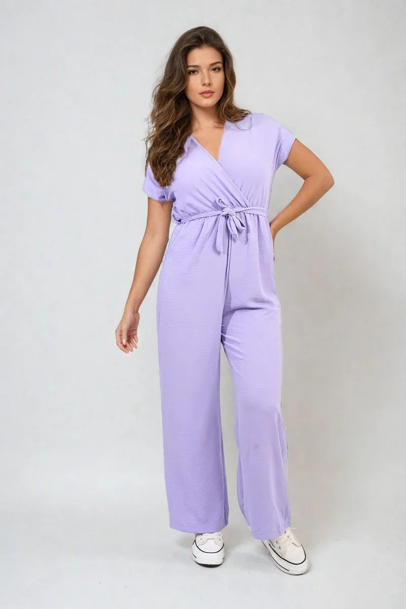 Belted V Neck Jumpsuit with Side Pockets - Shello's Creative Boutique