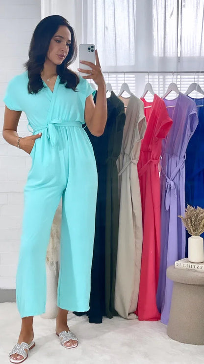 Belted V Neck Jumpsuit with Side Pockets - Shello's Creative Boutique