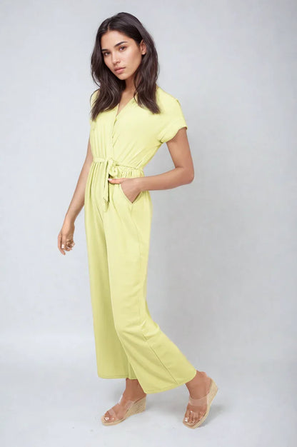 Belted V Neck Jumpsuit with Side Pockets - Shello's Creative Boutique