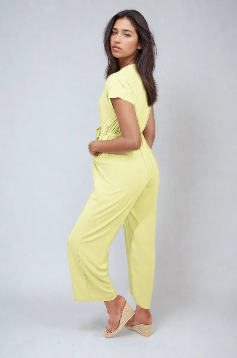 Belted V Neck Jumpsuit with Side Pockets - Shello's Creative Boutique