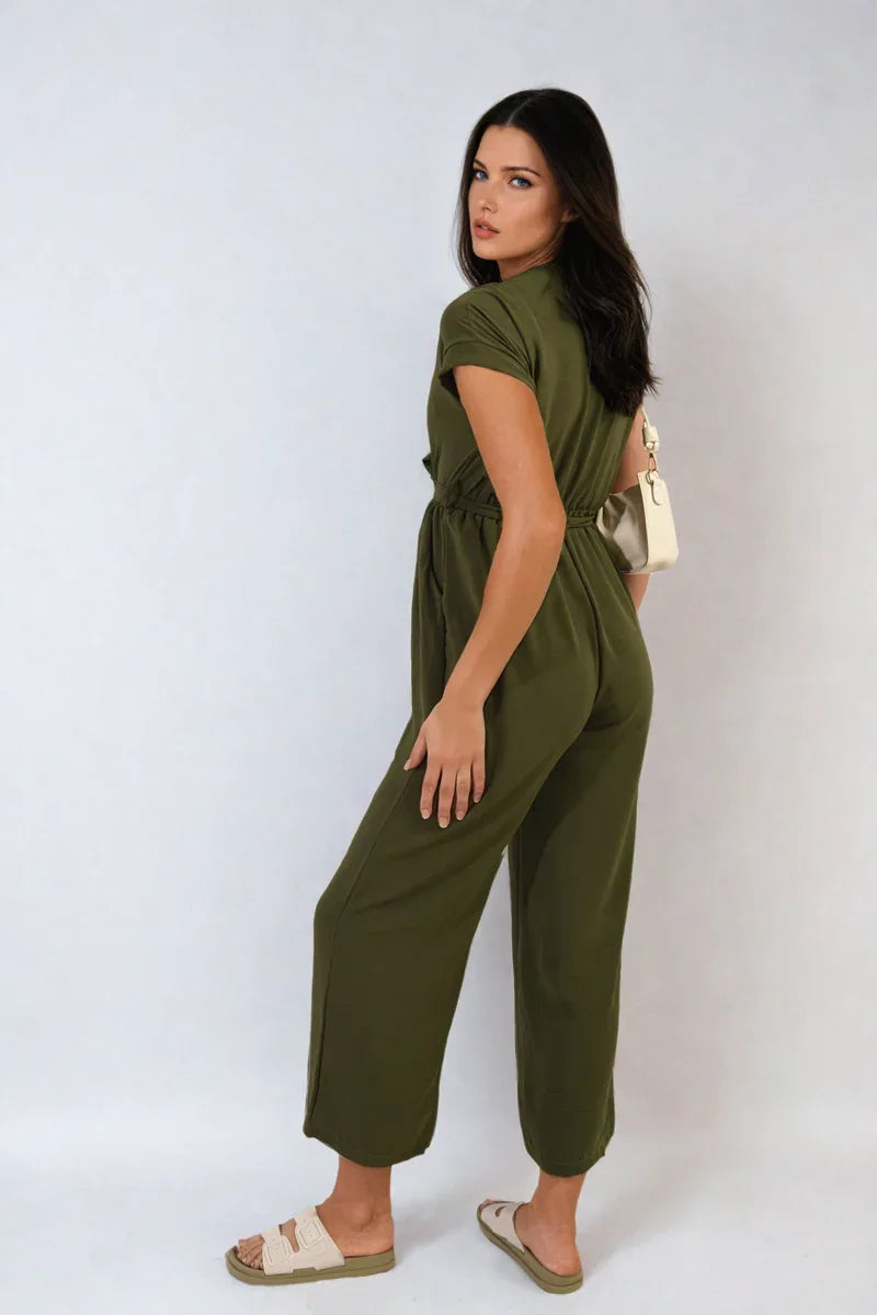 Belted V Neck Jumpsuit with Side Pockets - Shello's Creative Boutique