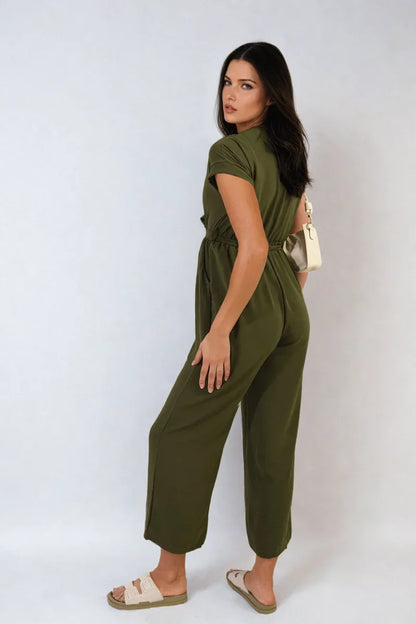 Belted V Neck Jumpsuit with Side Pockets - Shello's Creative Boutique