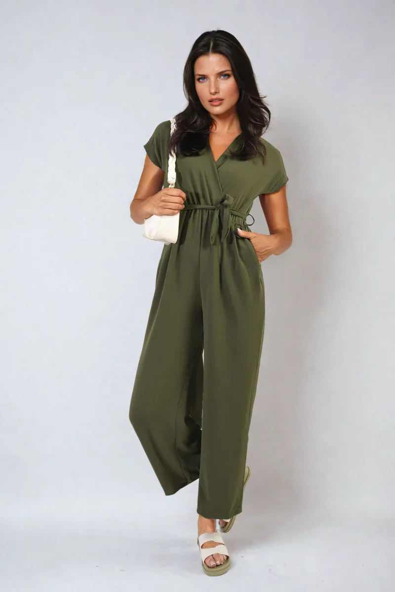 Belted V Neck Jumpsuit with Side Pockets - Shello's Creative Boutique
