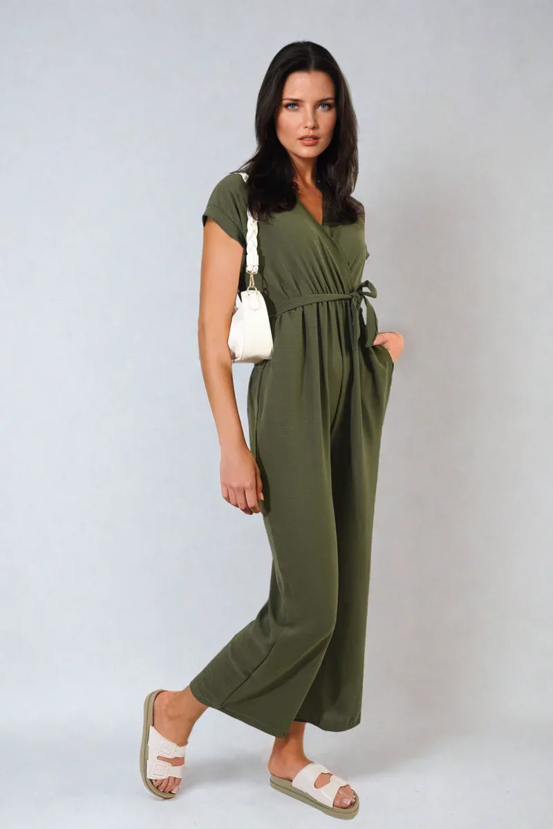 Belted V Neck Jumpsuit with Side Pockets - Shello's Creative Boutique