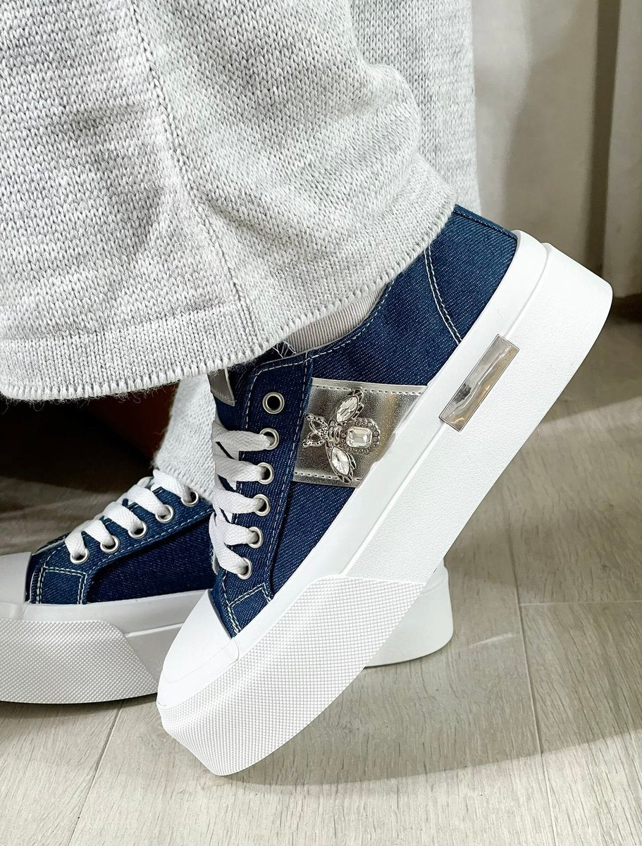 Luxe Bee Decorative Lace Up Platform Trainers Moda