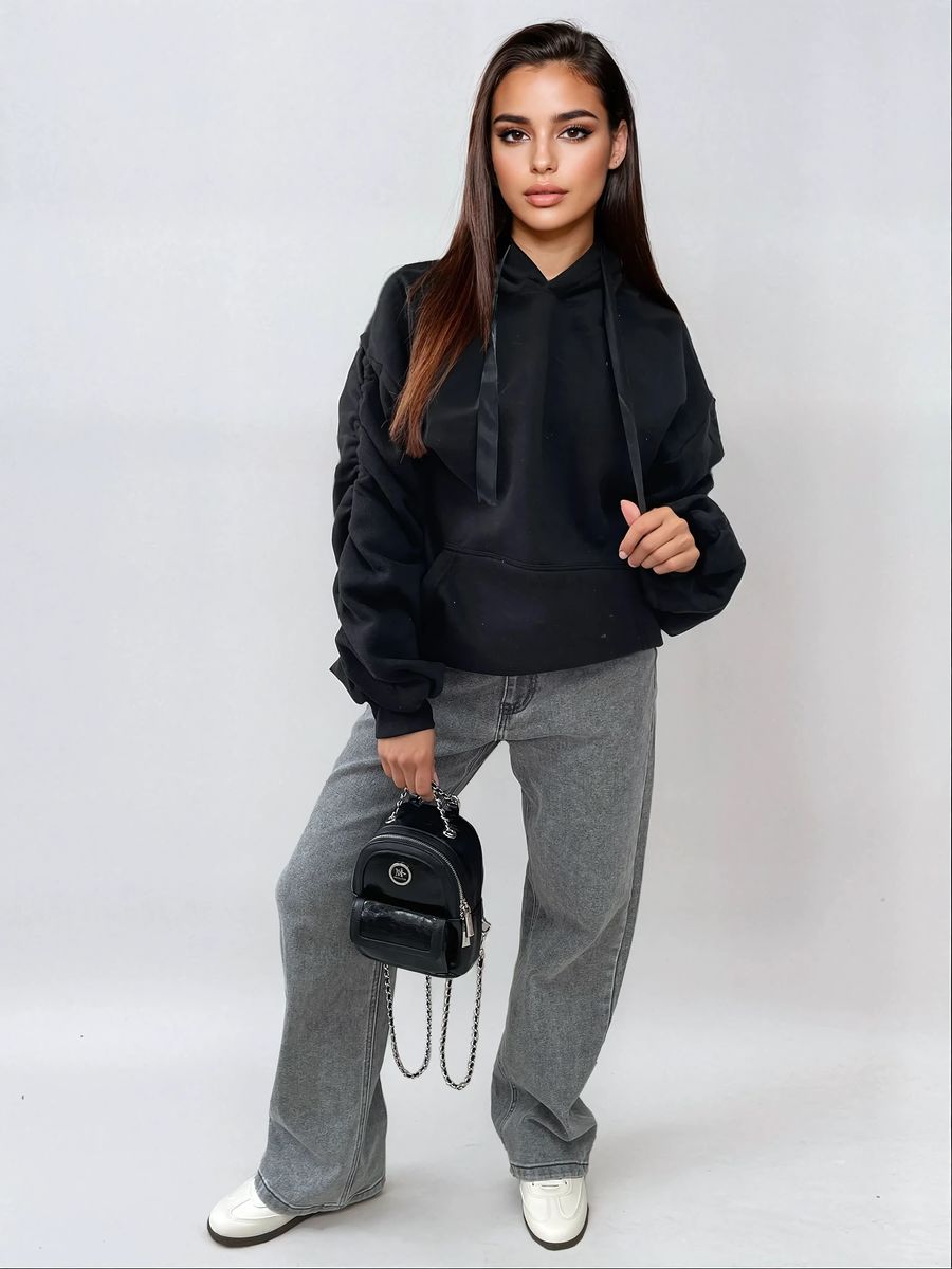 Ruched Sleeve Oversized Hoodie with Front Pouch Pocket Moda