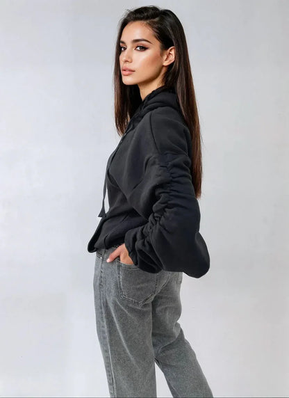 Ruched Sleeve Oversized Hoodie with Front Pouch Pocket - Shello's Creative Boutique